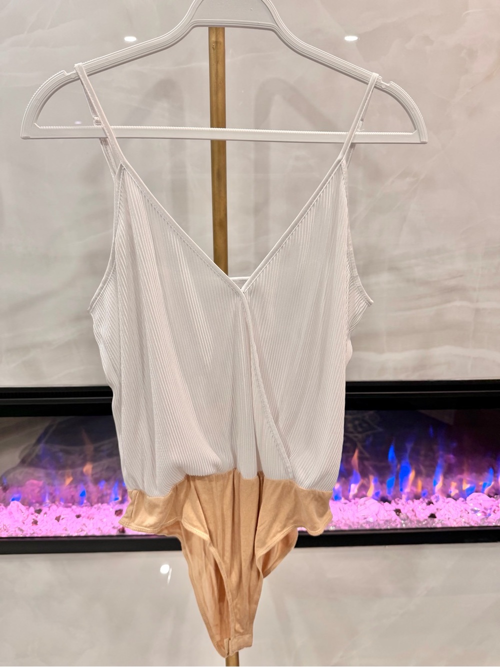 Wayf Two-Tone Ribbed V-Neck Bodysuit in White and Beige
